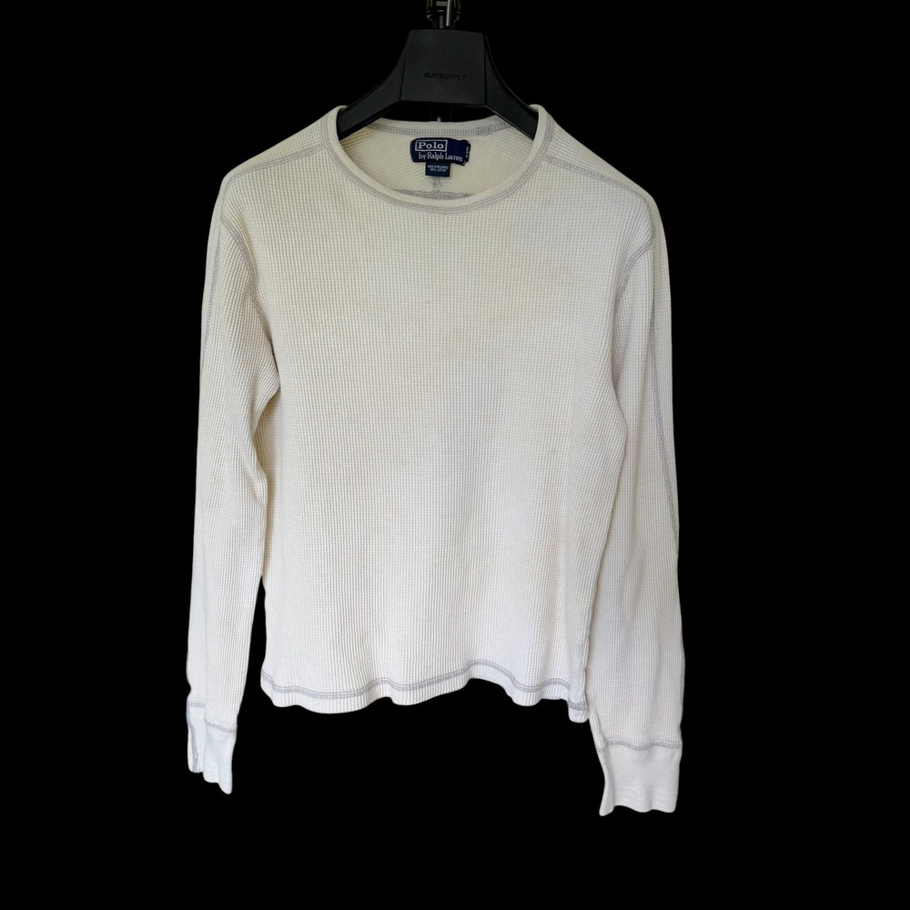 90's Polo Ralph Lauren Cream Waffle Knit Thermal Long Sleeve Shirt L